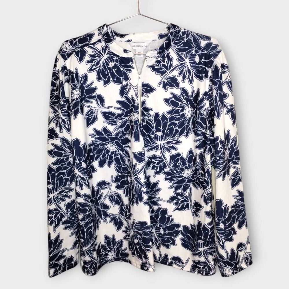 Liz Claiborne Womens Top Sz XXL Long Sleeve Tshirt Navy Floral Sportwear Classic